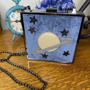 Anastacia Spada Blue Velvet & Leather Glitter Planeta Crossbody Bag Art to Wear